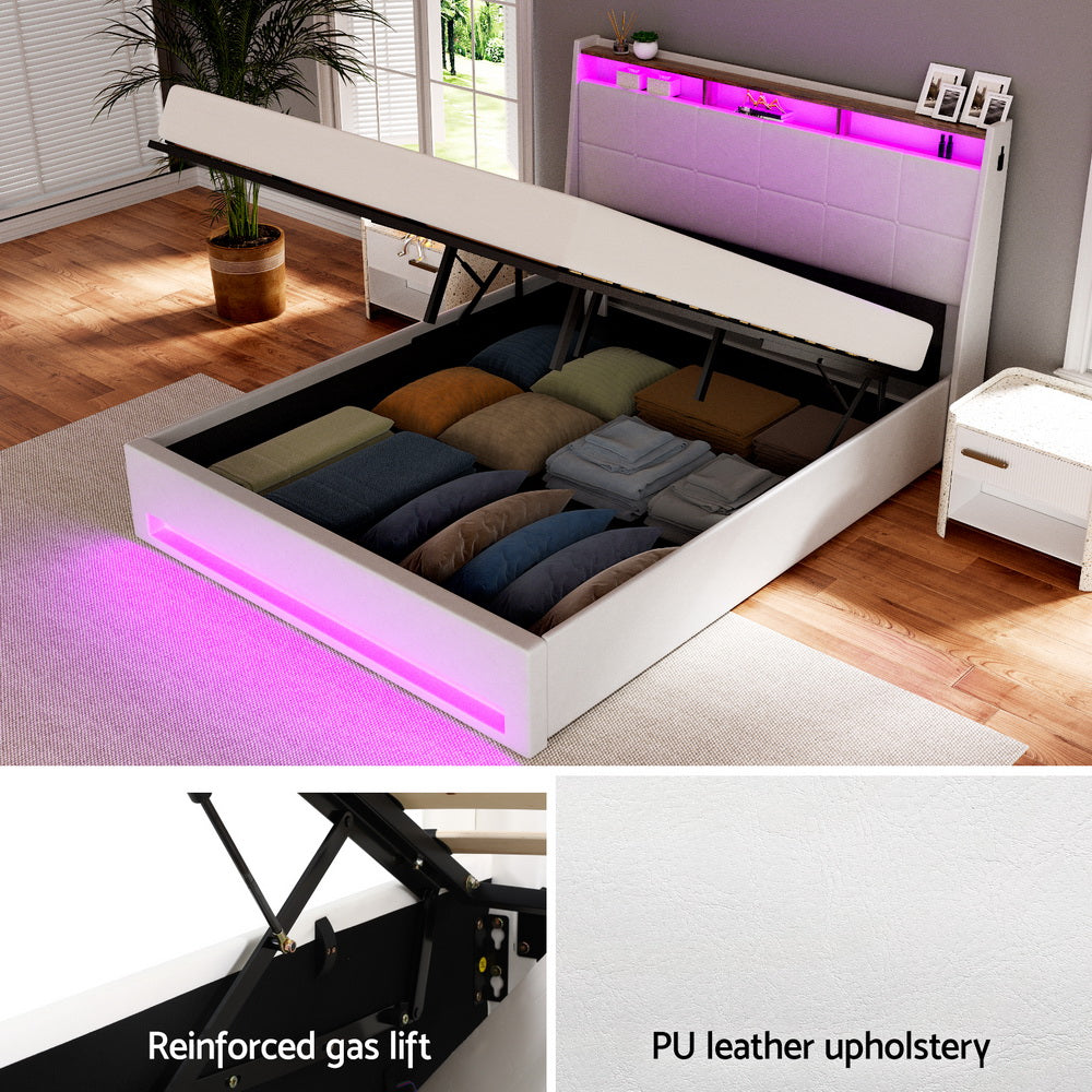 Artiss Bed Frame Gas Lift LED Beds Base Platform White PVC Leather Storage Headboard - Double