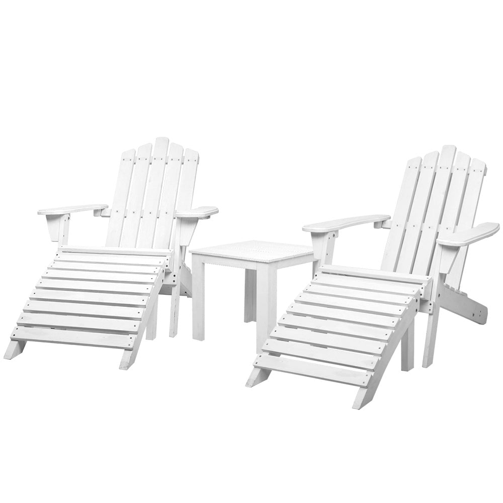 Gardeon 5PC Adirondack Outdoor Table and Chairs Wooden Sun Lounge Patio Furniture White
