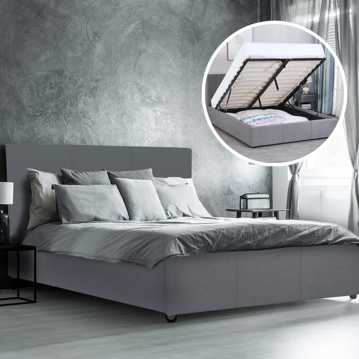 Milano Luxury Gas Lift Bed Frame Base And Headboard With Storage - Double - Grey