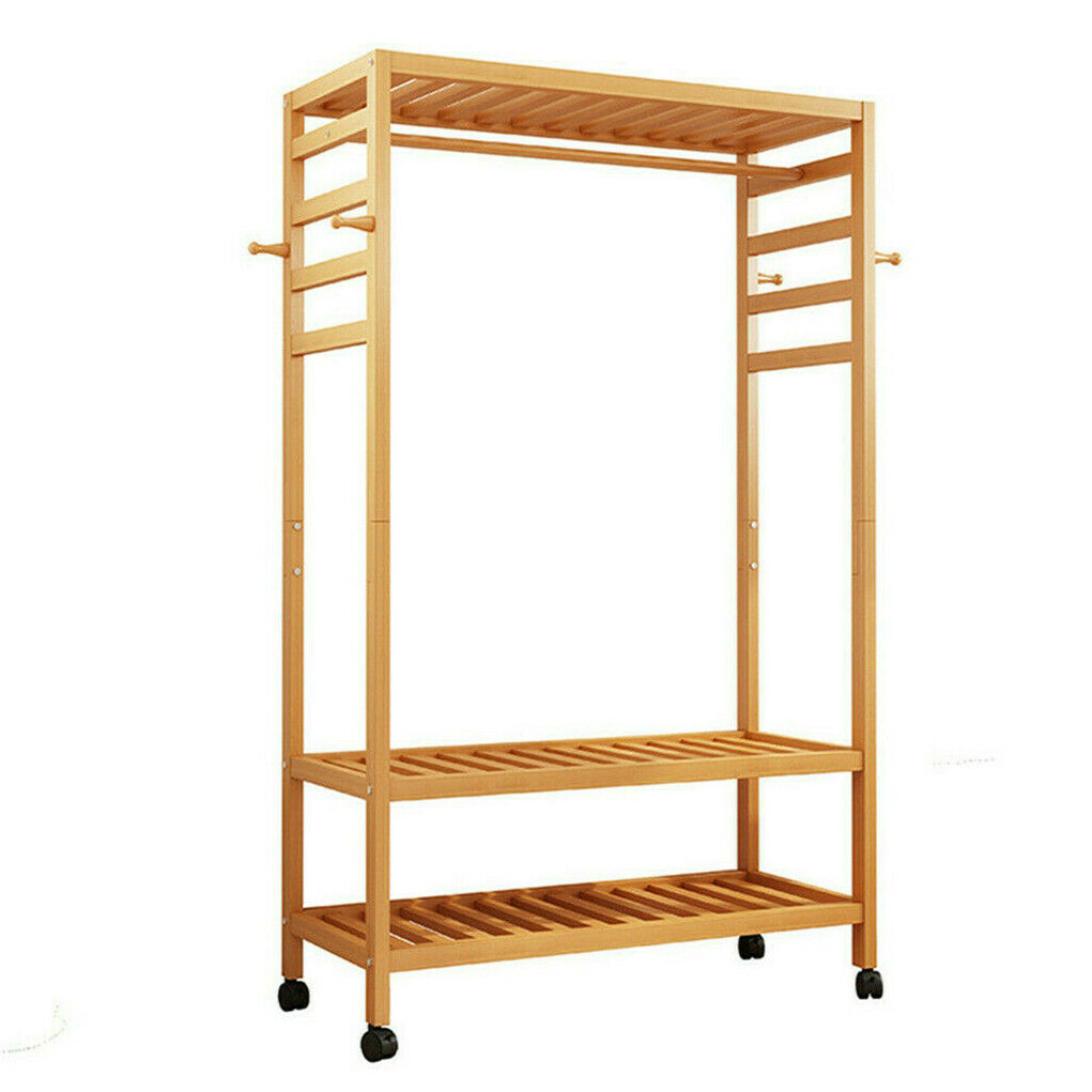 3-Tier Rolling Bamboo Clothes Rack with Hooks