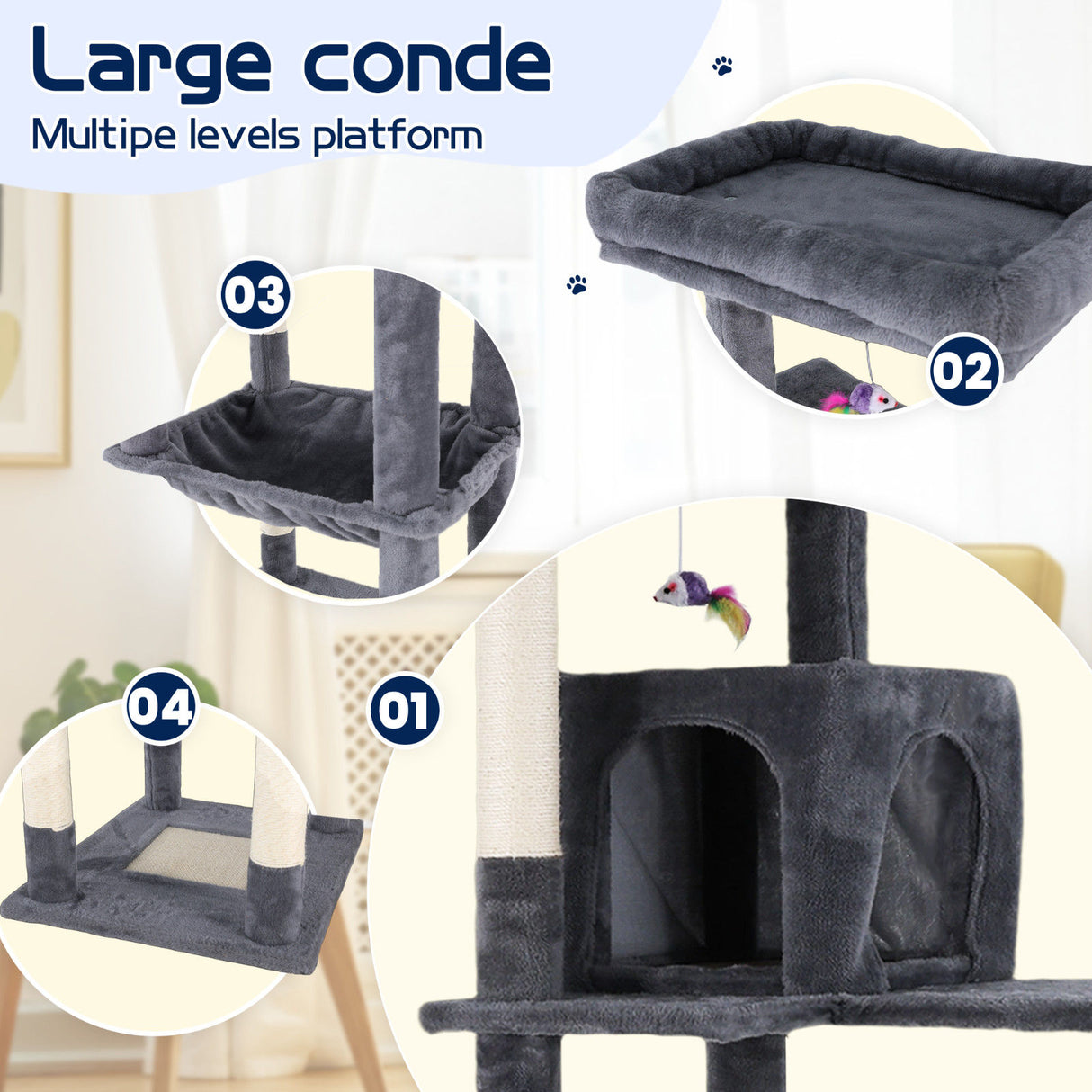 Cat Tower Tree Condo Scratching Post Dark Grey 142cm