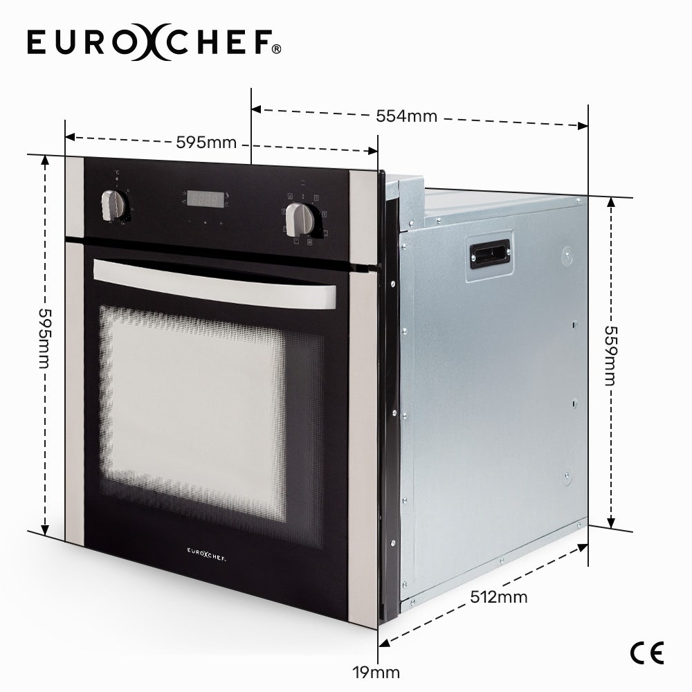 EuroChef 60cm Stainless Built-in 70L Grill 8 Function Fan Forced Electric Wall Oven