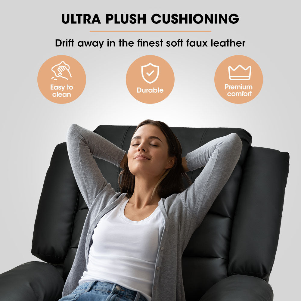 Fortia Luxury Recliner Lounge Chair – Black Faux Leather Armchair for Home Theatre and Relaxation