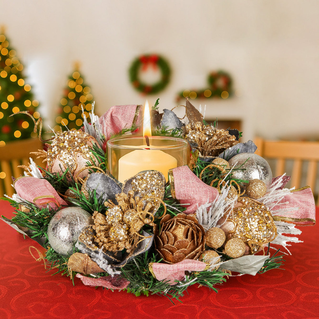Lush Green Christmas Centrepiece with Baubles