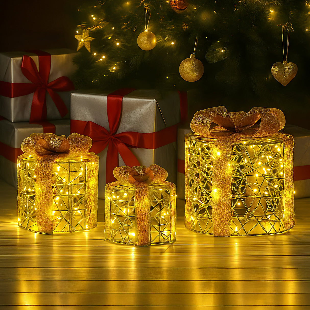 Elegant Gold LED Christmas Gift Box Set