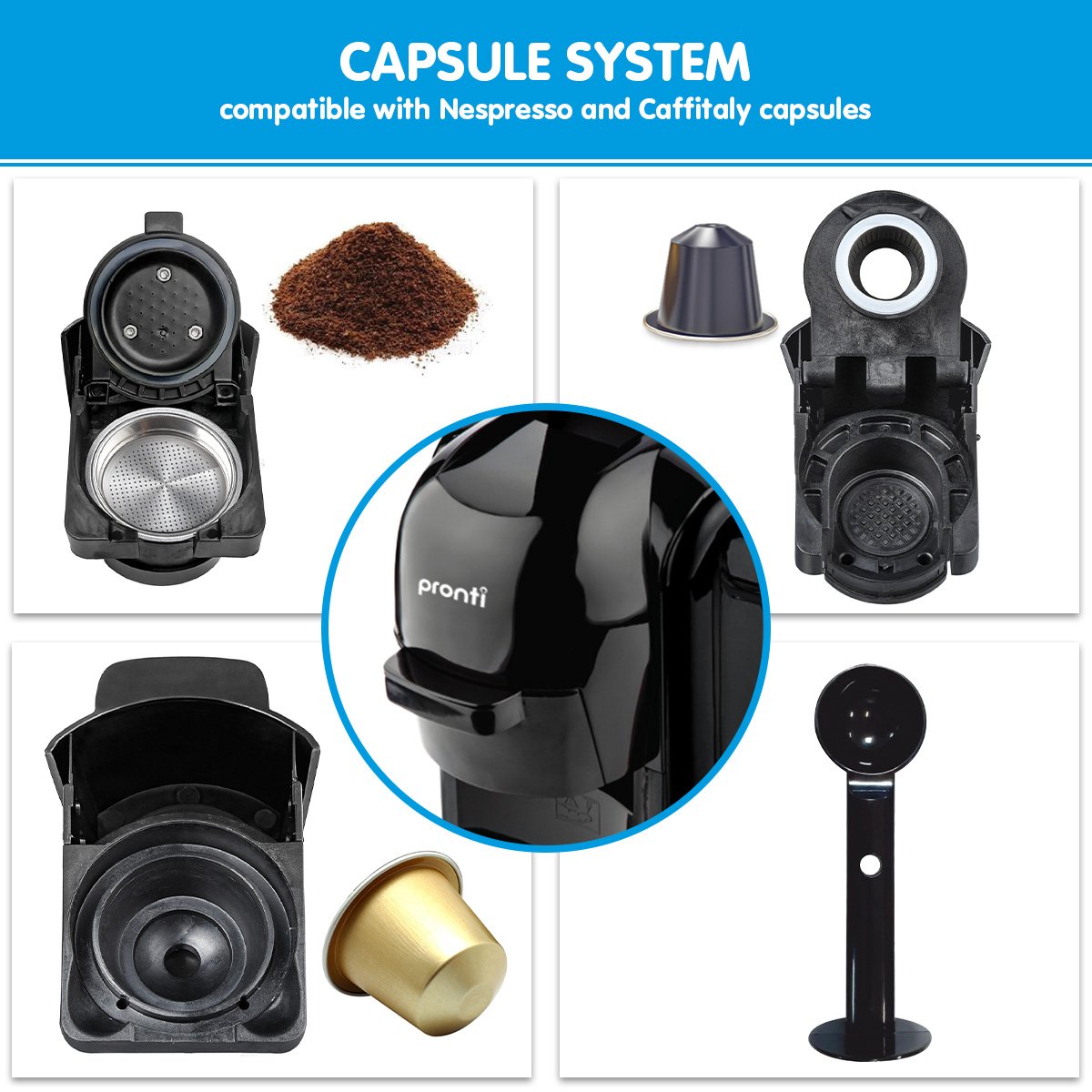 Pronti HomeMaid 3-in-1 Coffee Machine Multi-Capsule Pods and Ground Coffee Nespresso & Caffitaly Compatible CM-511HM