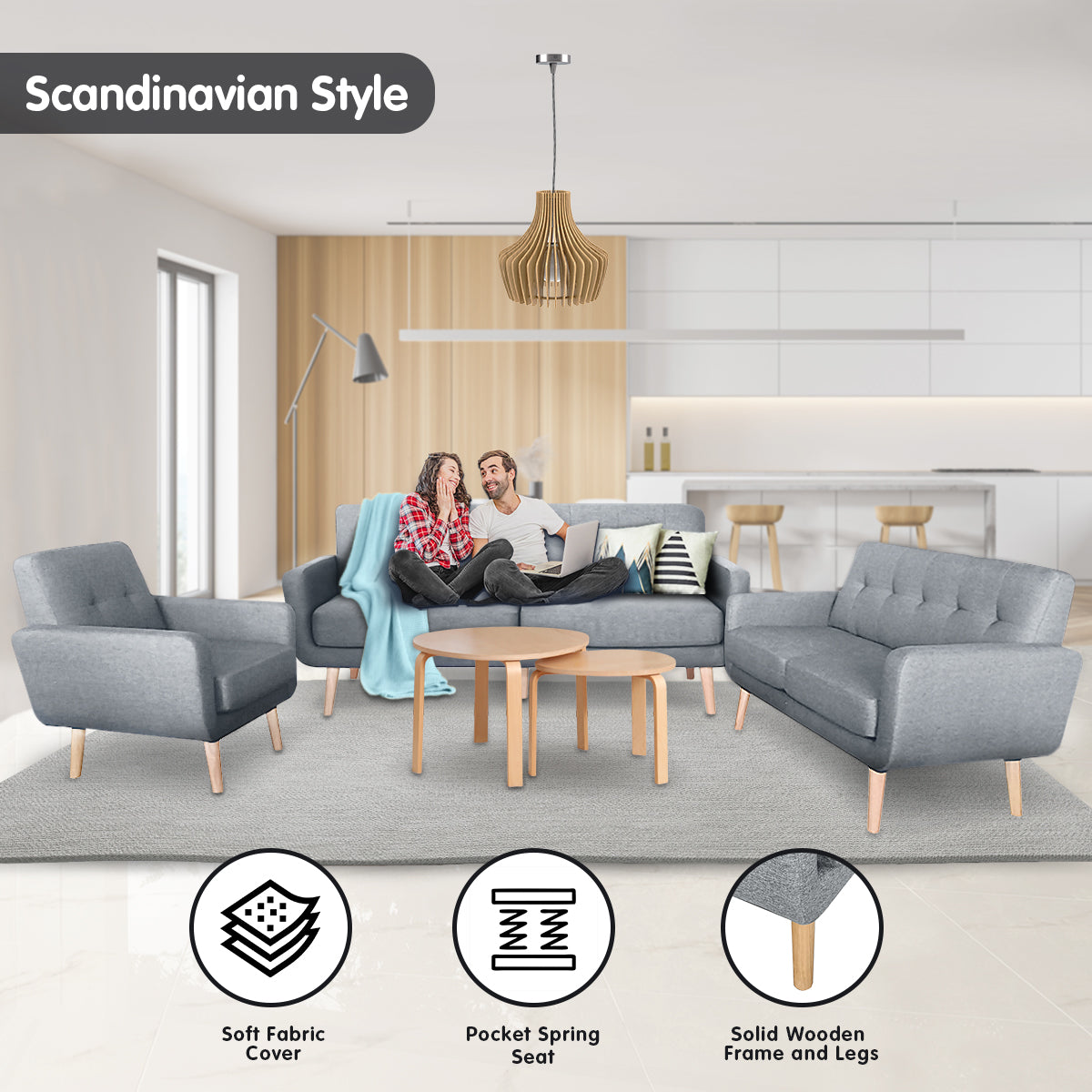 Sarantino Light Grey 6-Seater Linen Sofa Set