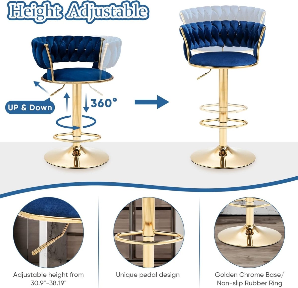 Elegant Height Adjustable Velvet Bar Stool