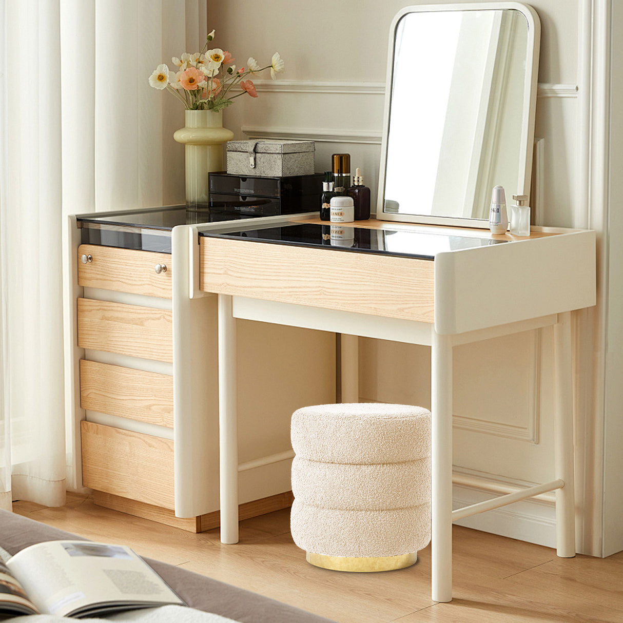 La Bella Beige Teddy Fleece Ottoman Stool