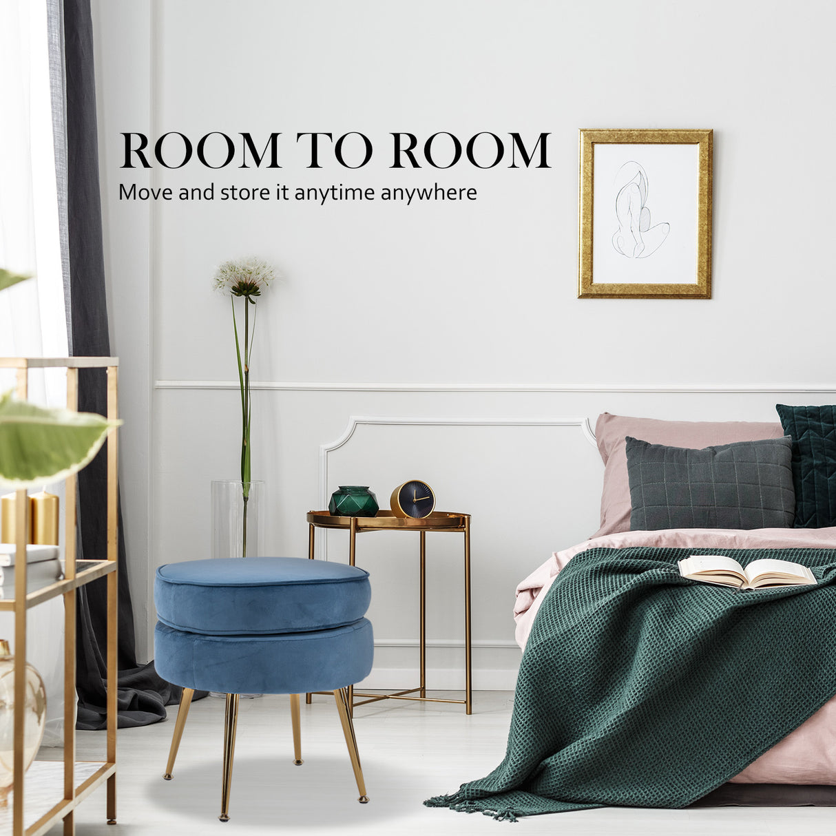 La Bella Velvet Round Ottoman with Gold Legs