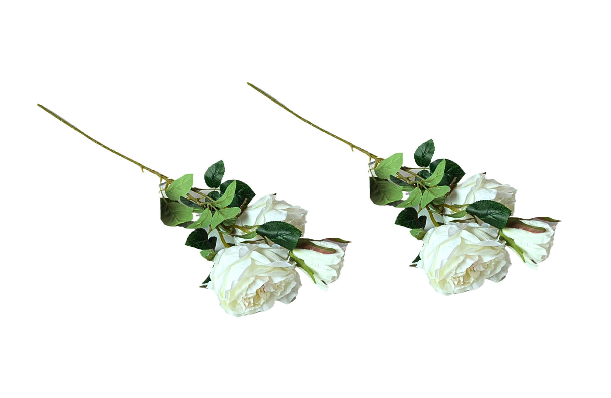 Artificial Rose Stems – Set of 2 Stems – 60cm with 3 Flowers Each - Off White