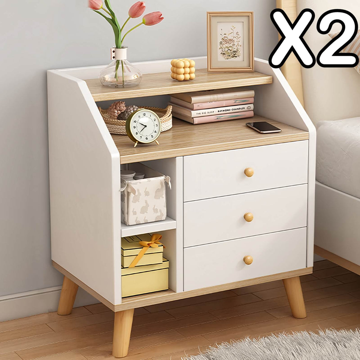 2x bedside table set wood grain drawers curved design bedroom furniture