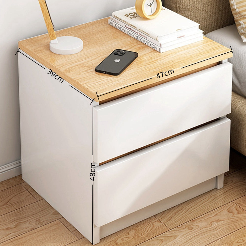 Modern Nightstand Oak Wood Grain Top White Cabinet Double Drawer Finger Pull