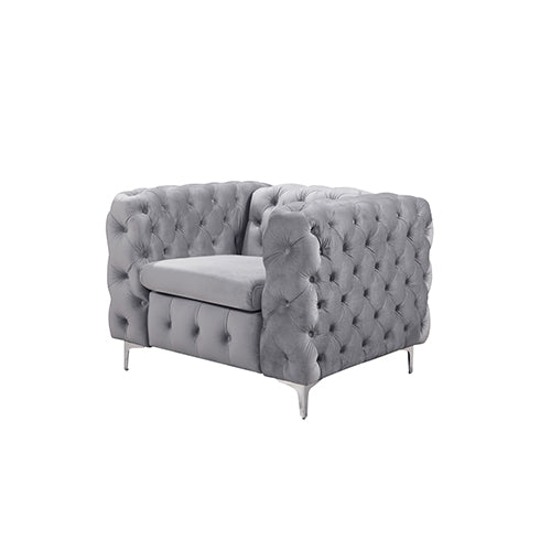 Jacques Velvet Button Tufted Single Seater Grey Sofa Armchair with Metal Legs