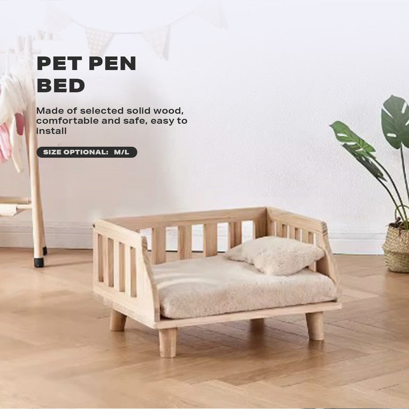 Solid Wood Pet Bed with Plush Pillows