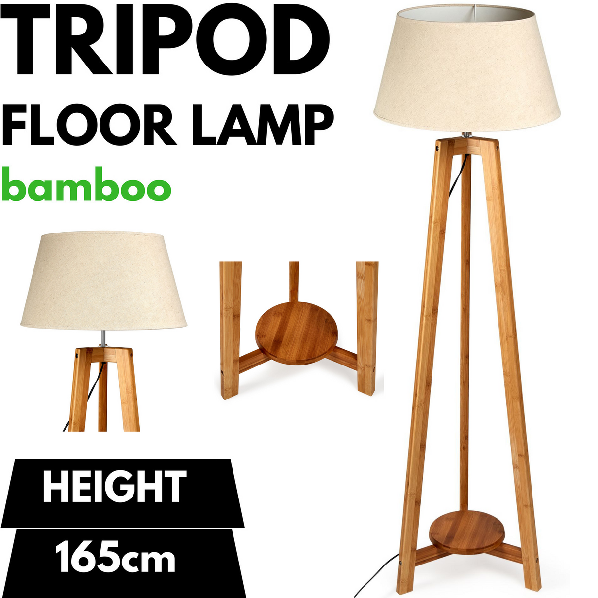 Large Bamboo Tripod Floor Lamp with Shade