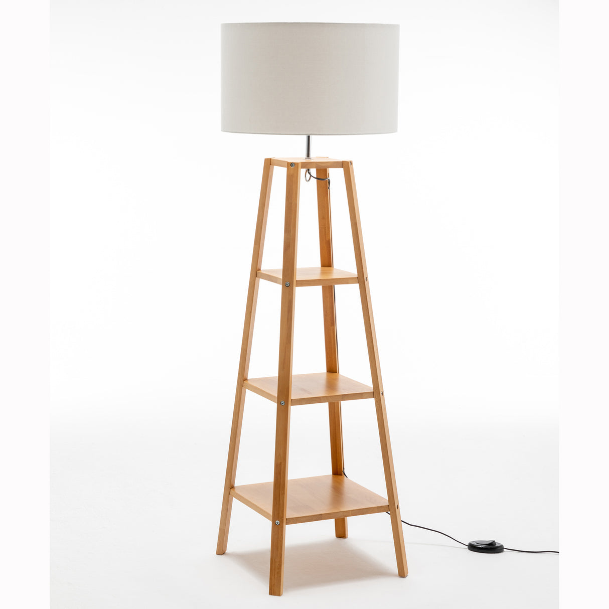 Natural Wood Floor Lamp with Shelves