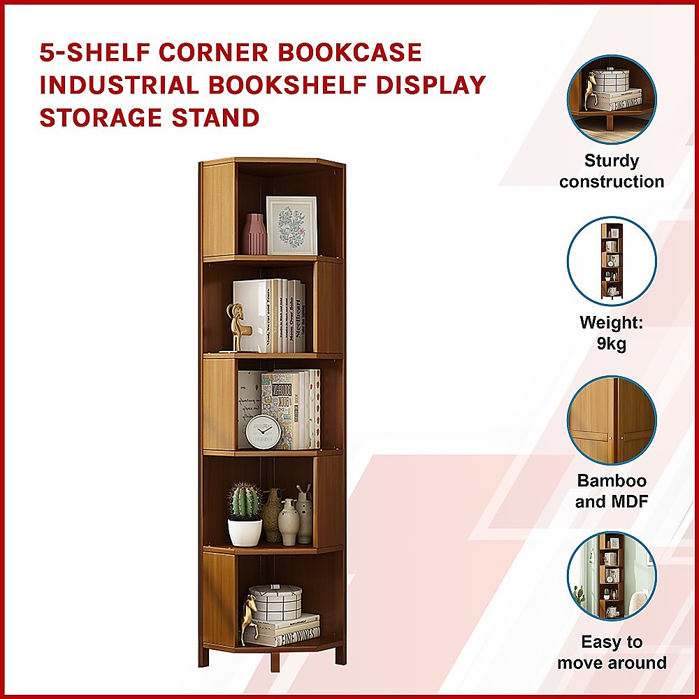 Industrial 5-Shelf Corner Bookcase