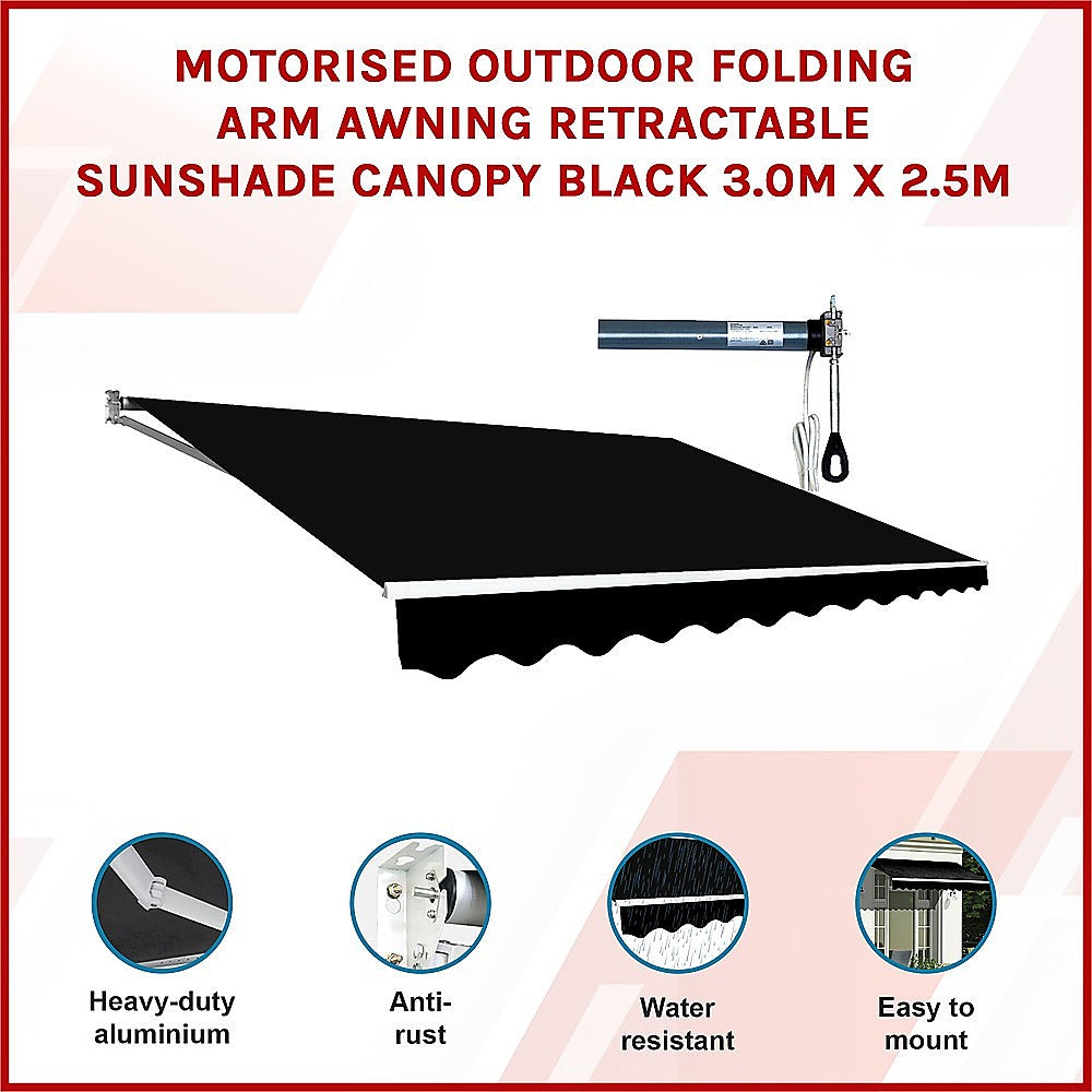 Motorised Outdoor Folding Arm Awning Retractable Sunshade Canopy Black 3.0m x 2.5m