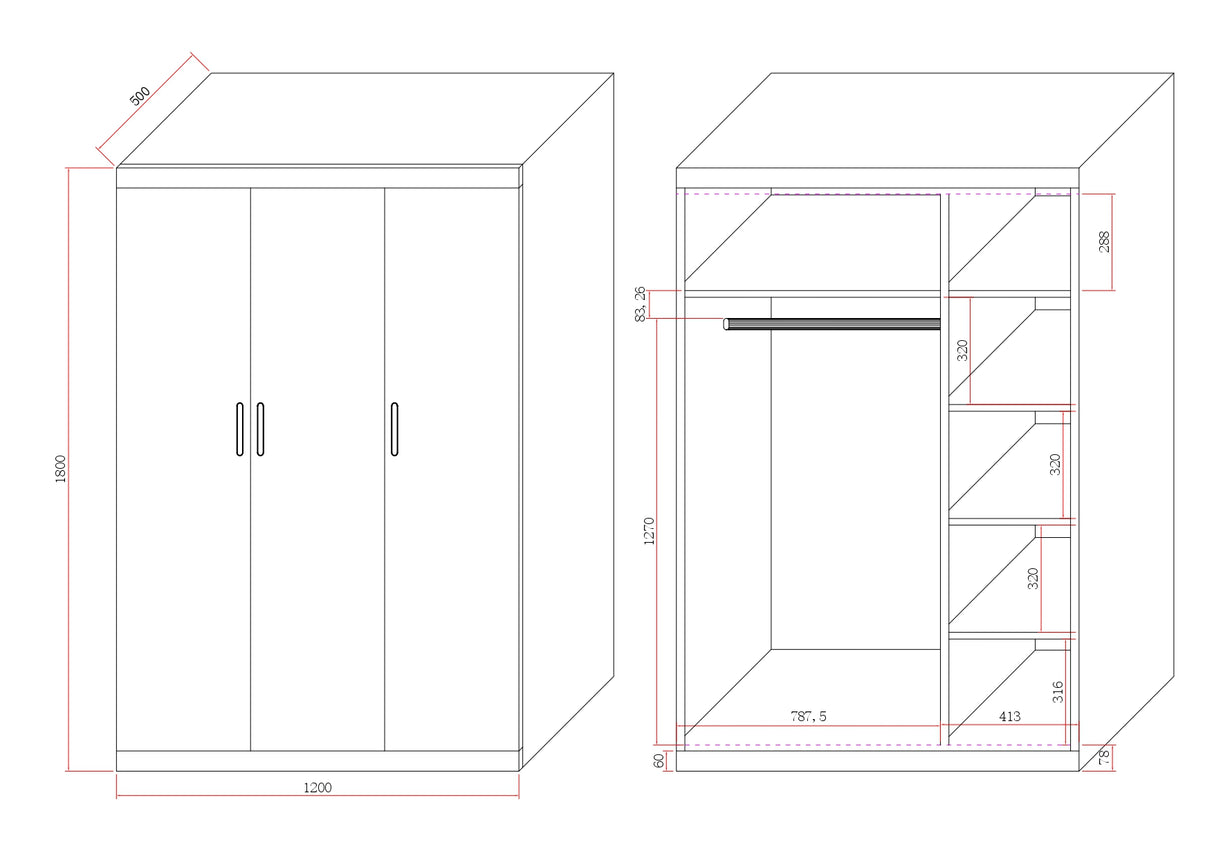 Modern White Gloss 3-Door Wardrobe with Black Handles