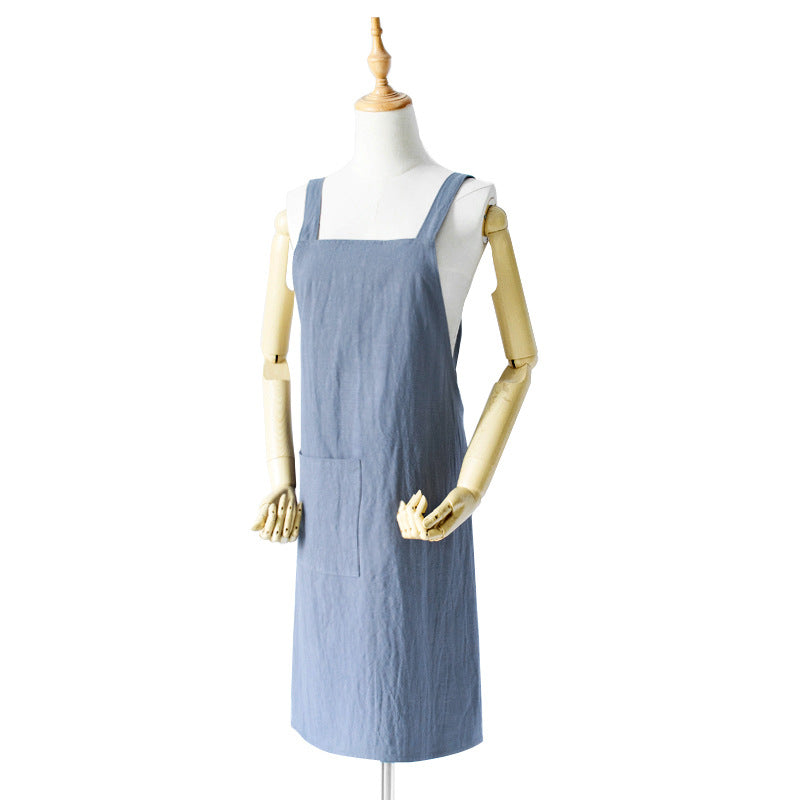 Blue Cotton Linen H-Back Apron - Solid Color Kitchen Cooking Apron with Pocket