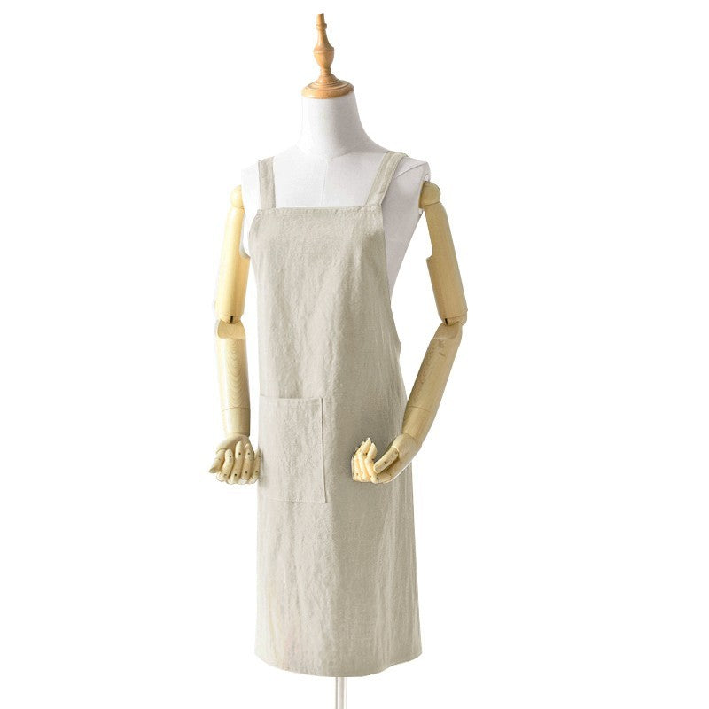 Off White Cotton Linen H-Back Apron - Solid Color Kitchen Cooking Apron with Pocket