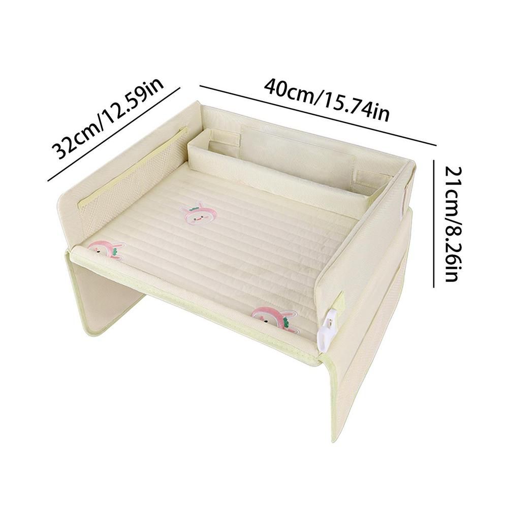Kids Car Seat Travel Tray - Waterproof Lap Desk with Storage Pockets (Beige bunny - Round)