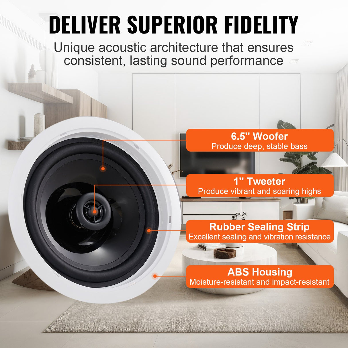 VEVOR 4 PCs 165.1 mm Bluetooth in Ceiling Speakers, 150W, Flush Mount Ceiling & in-Wall Speaker System with Impedance 89dB Sensitivity, for Home Kitchen Living Room Bedroom or Covered Porches