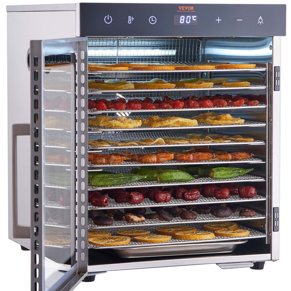 VEVOR 10 Trays Food Dehydrator Machine Stainless Steel 800W Jerky Fruit Drying