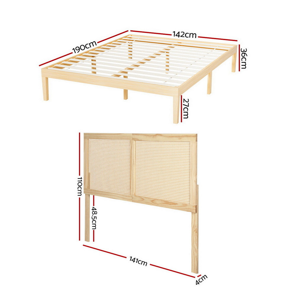 Artiss Bed Frame Double Size with Rattan Headboard Wooden Bed Base BRUNO