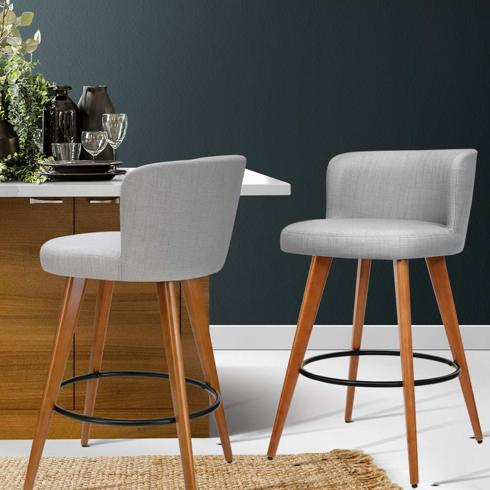 Artiss Grey Linen Padded Bar Stools - Set of 2