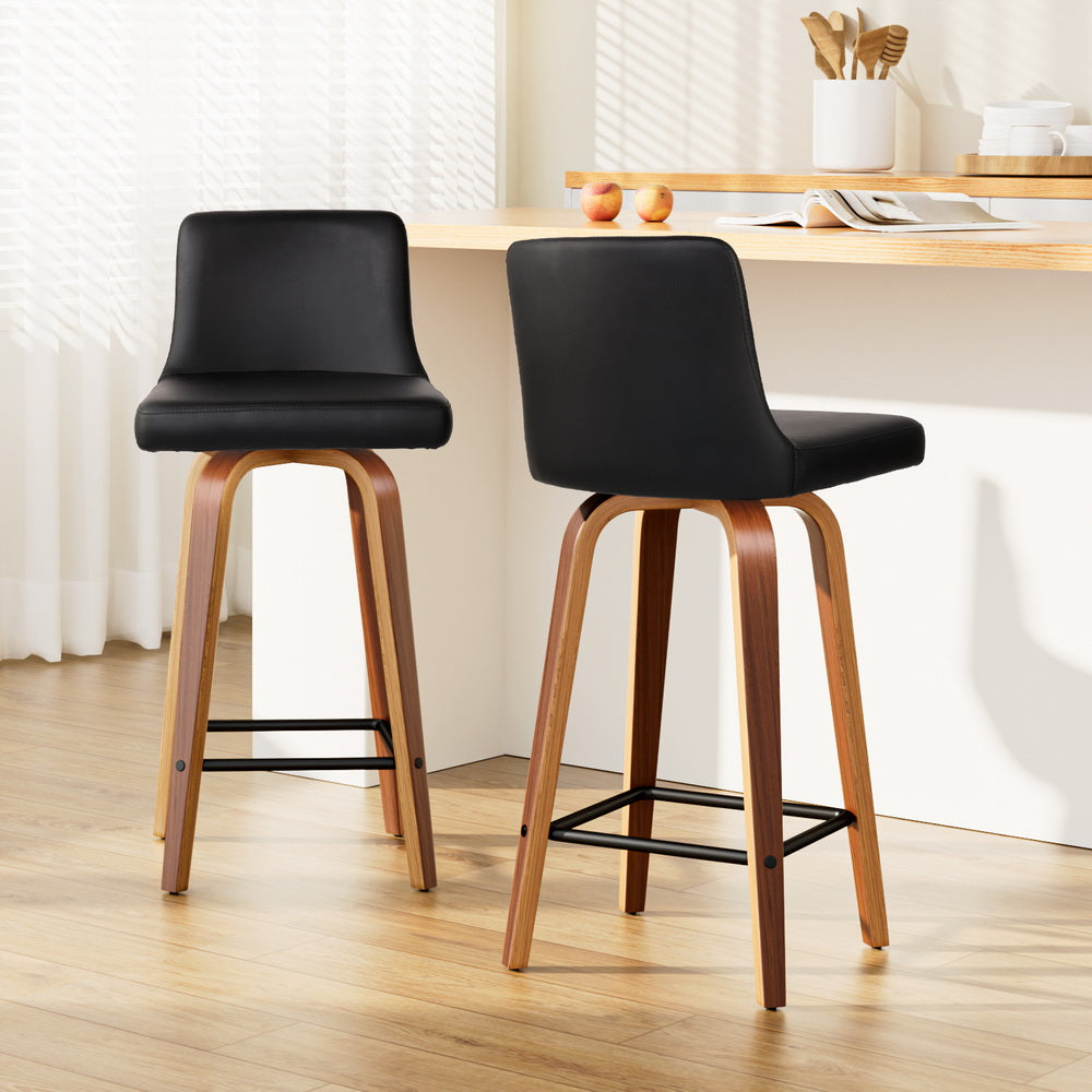 Artiss 2x Swivel Bar Stools - Leather & Wood
