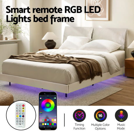 Artiss Double Bed Frame RGB LED Floating Beds Adjustable Headboard Beige White