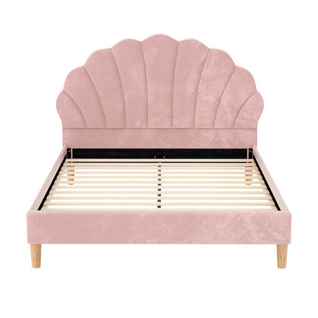 Artiss Bed Frame Double Size Scallop-Shape Bedhead Beds Base Pink Velvet Fabric