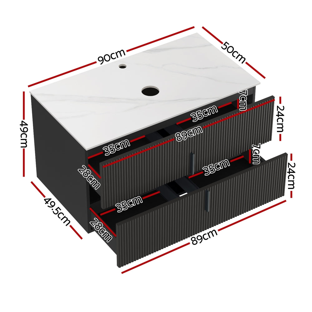 Cefito Vanity Unit 900mm Bathroom Cabinet Storage Wall Hung Black Timber Front