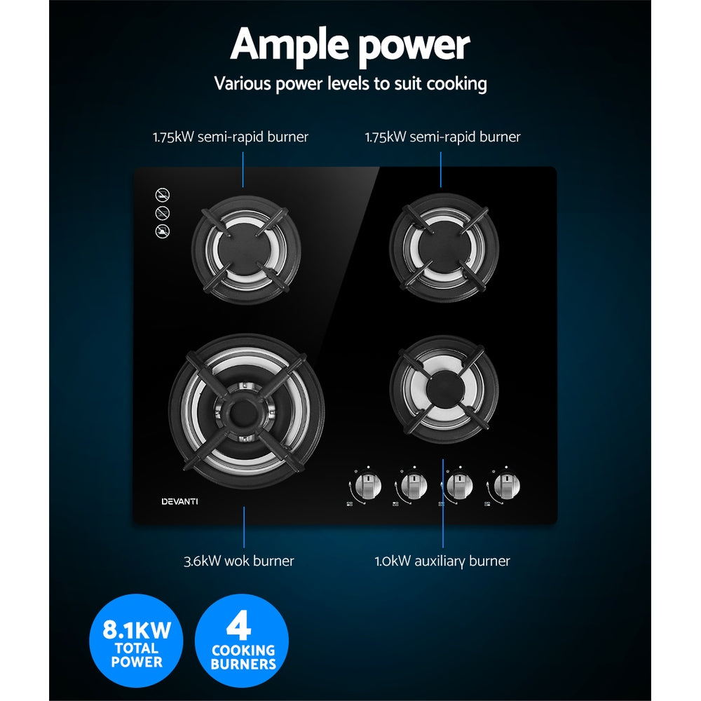 60cm 4 Burner Black Gas Cooktop