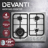 60cm 4 Burner Gas Cooktop with Safety Features