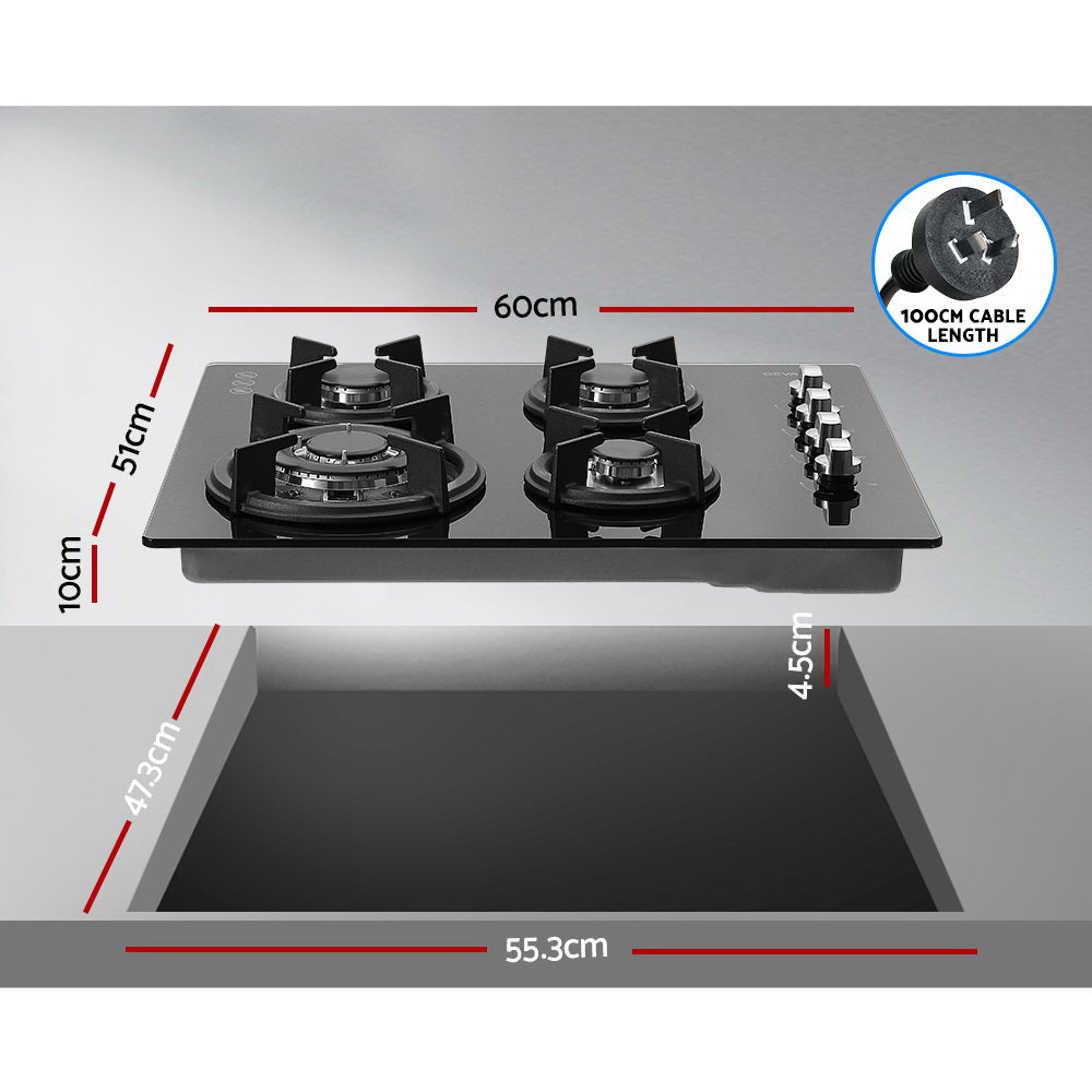 60cm Black Gas Cooktop with 4 Burners