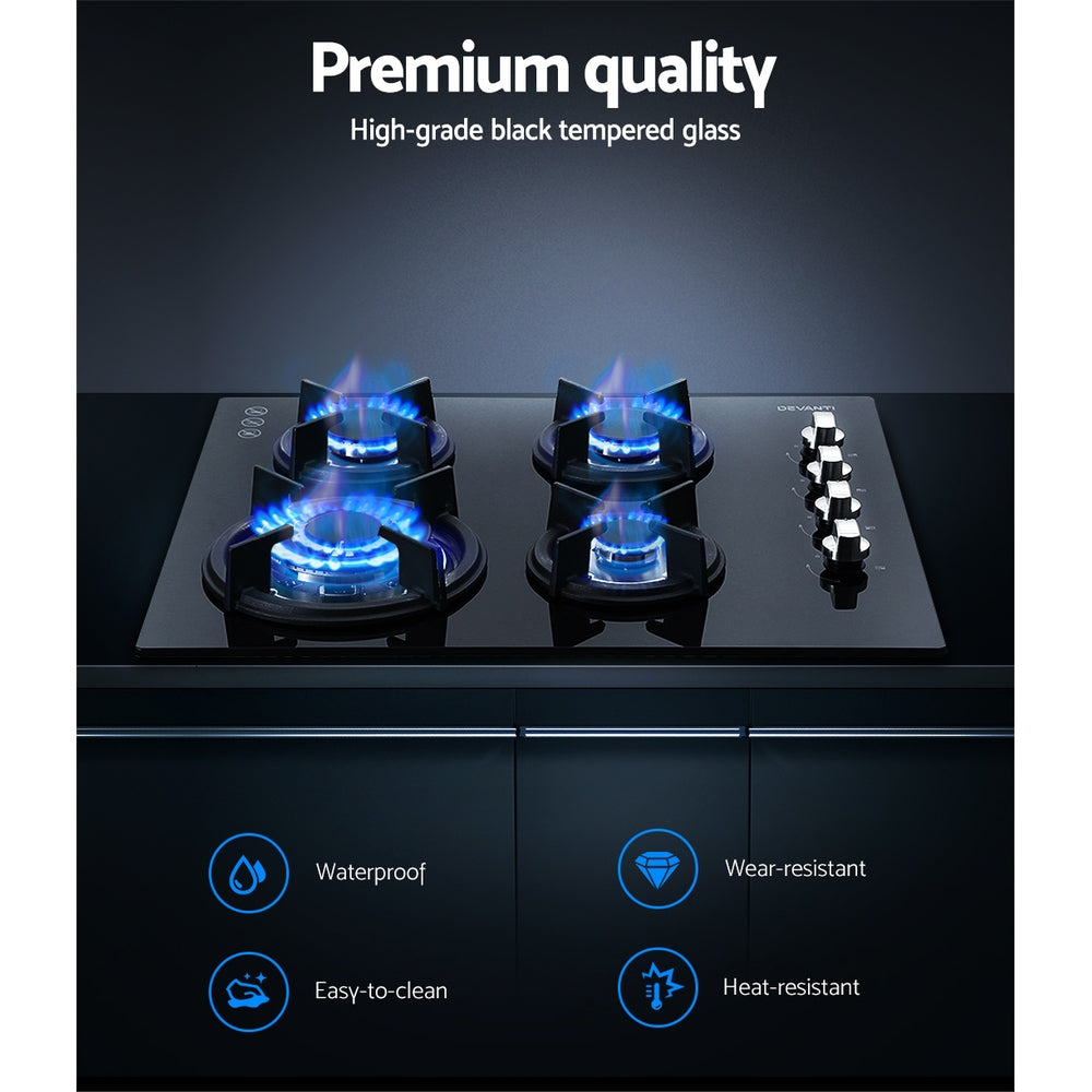 60cm Black Gas Cooktop with 4 Burners