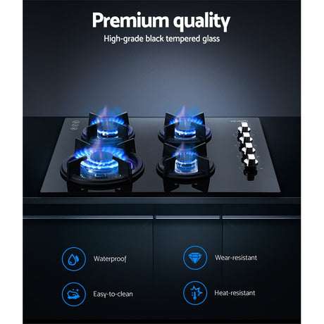 60cm Black Gas Cooktop with 4 Burners