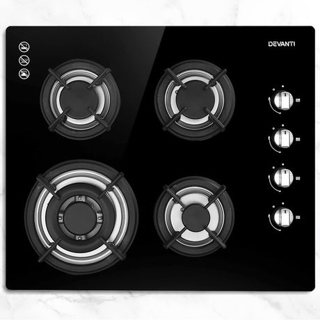 60cm Black Gas Cooktop with 4 Burners