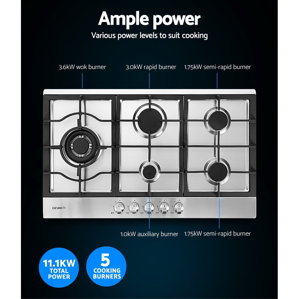 90cm 5-Burner Stainless Steel Gas Cooktop