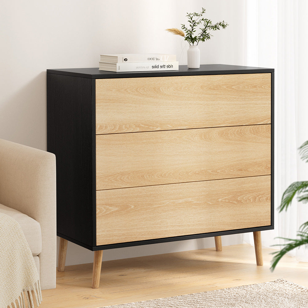 Modern Black & Pine 3-Drawer Dresser