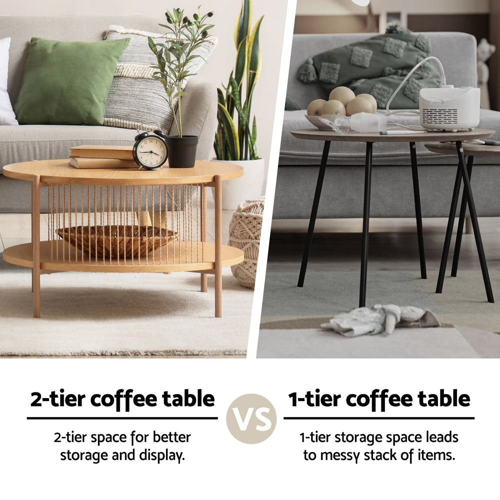 Artiss Round Wood 2-Tier Coffee Table