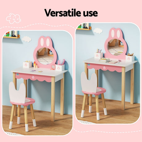 1 Set of Keezi Kids Dressing Table Wooden Bunny Pink