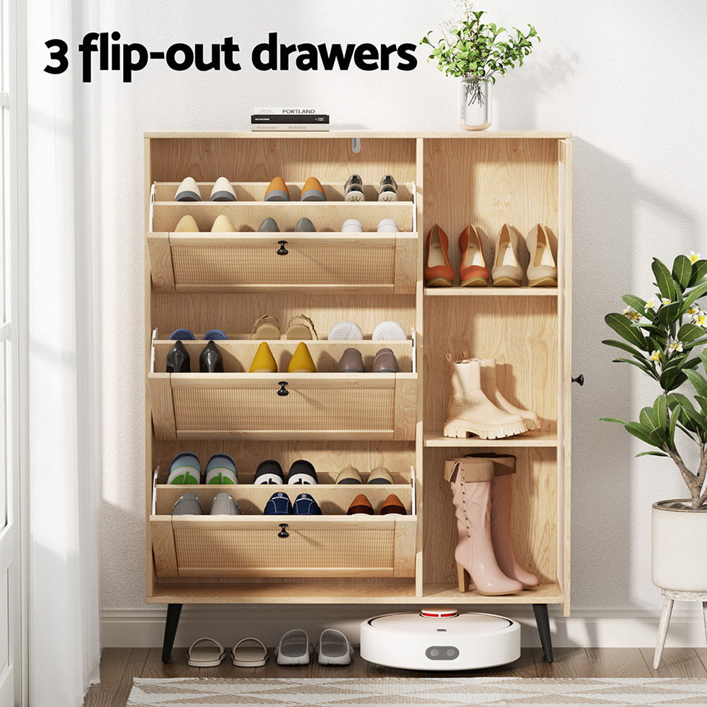 Elegant Pine Shoe Rack with Flip-out Drawers