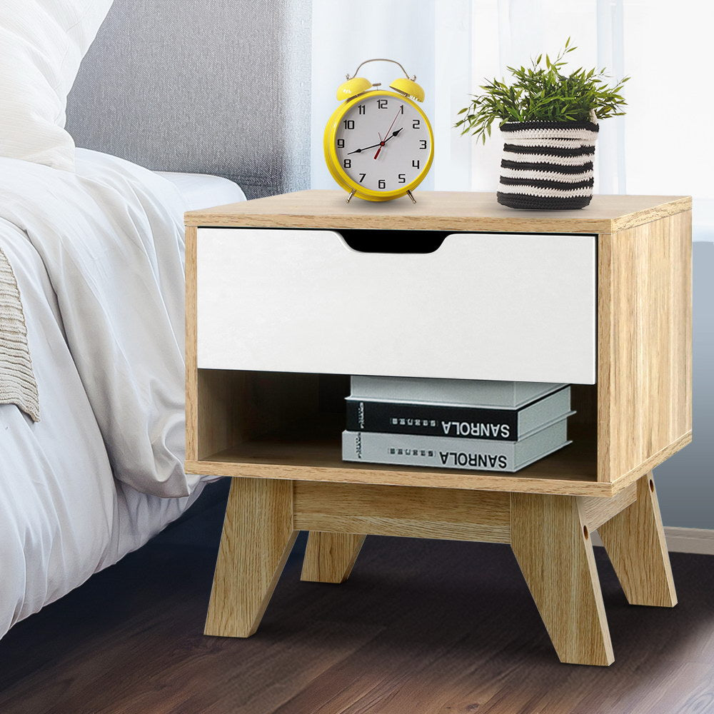 Artiss Bedside Table 1 Drawer with Shelf - IKER White & Oak