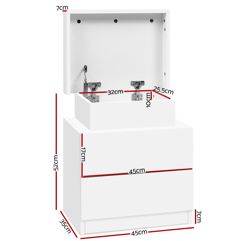 Bedside Table 2 Drawers Lift-up Storage - Various Colours
