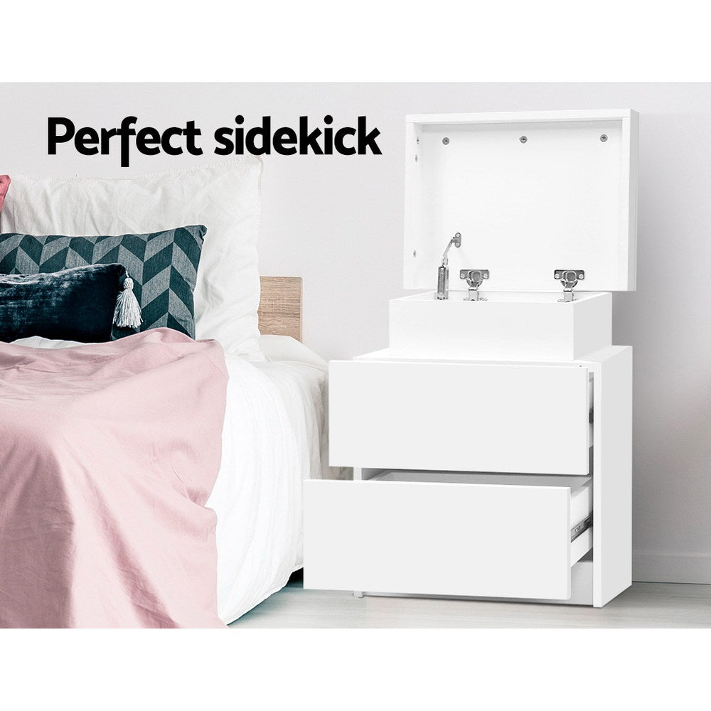 Bedside Table 2 Drawers Lift-up Storage - Various Colours