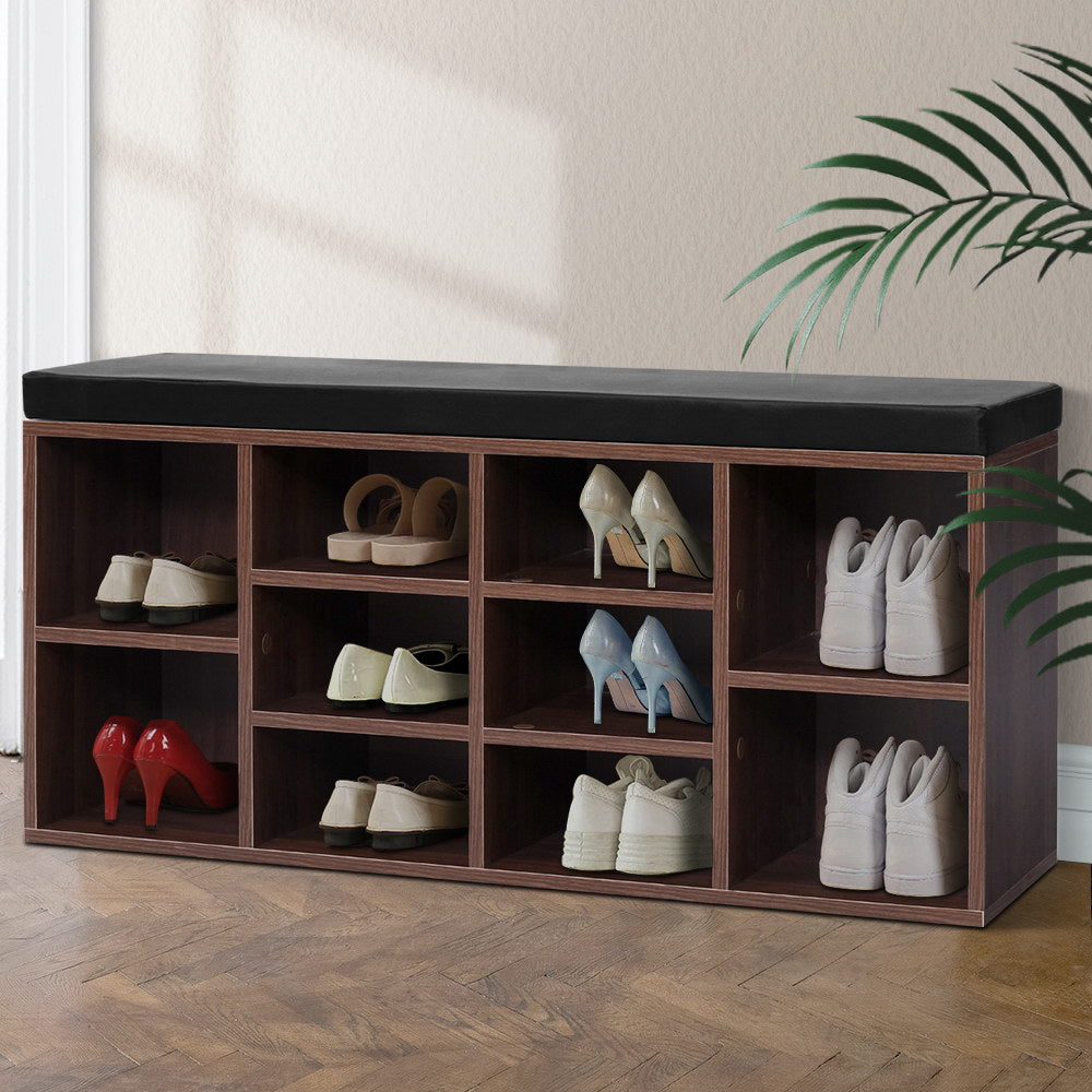 Walnut Shoe Rack Cabinet Bench with Cushioned Seat
